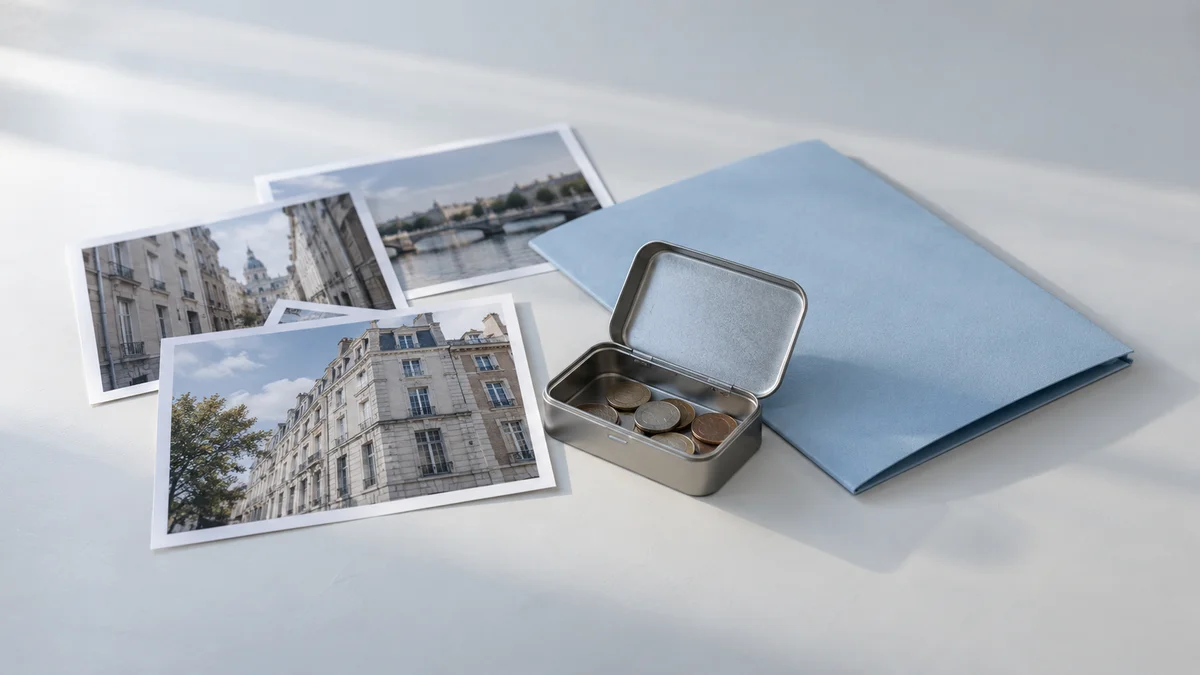 Fotoabzüge mit Stadtarchitektur, eine offene Metalldose mit Münzen und ein geschlossener hellblauer Ordner liegen auf einer hellen Tischfläche und stehen sinnbildlich für die Vergütung von Publishern durch Googles AI Contribution Pilot.