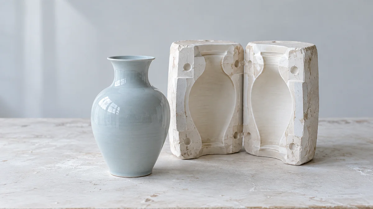 Eine hellblaue glasierte Vase steht auf einer hellen Werkbank neben zwei geöffneten Gipsformhälften und veranschaulicht Herkunft als Metapher für offizielle Websites im AI Mode.