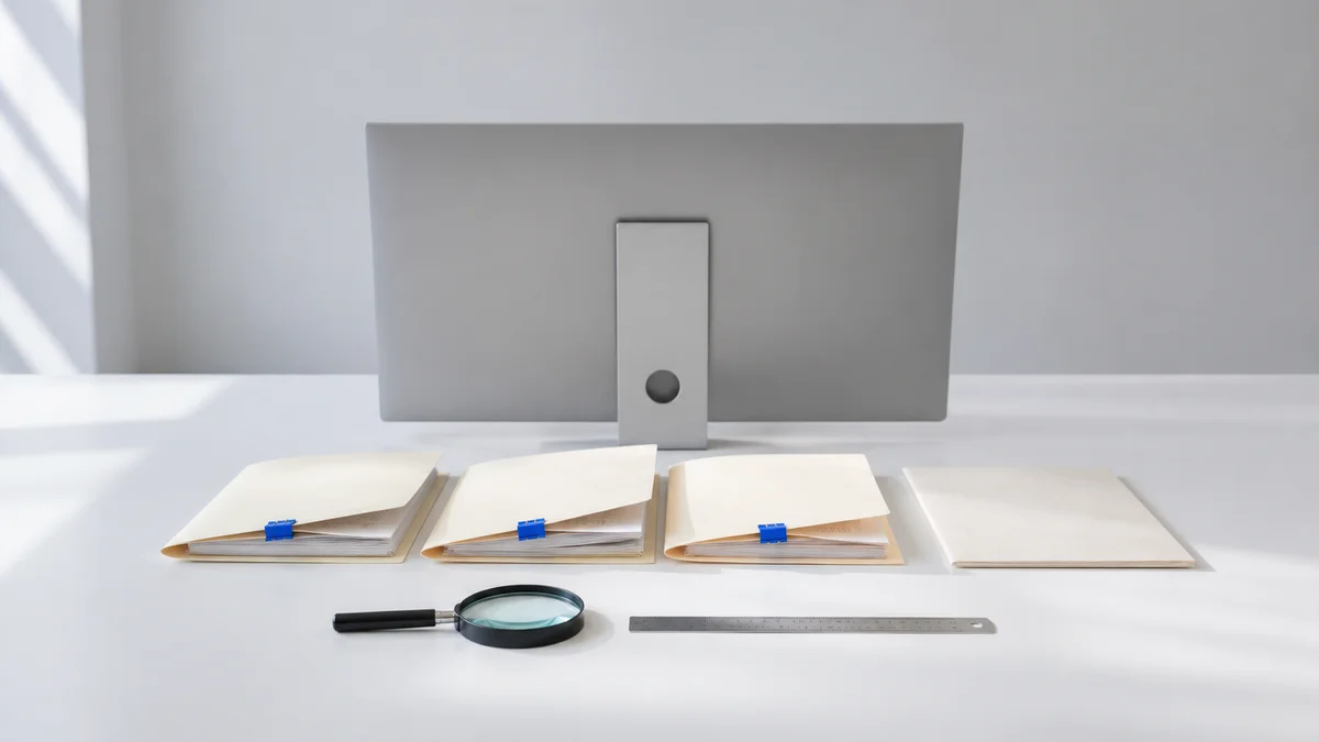 Ein heller Analyse-Arbeitsplatz mit Monitor, geöffneten Quellenmappen, Lupe und Lineal veranschaulicht die systematische Prüfung zitierter Quellen in Google AI Overviews.