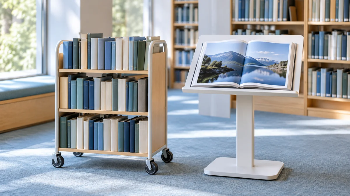 Ein gefüllter Bücherwagen neben einem weißen Lesepult mit aufgeschlagenem Landschaftsbildband in einer hellen Bibliothek veranschaulicht den Unterschied zwischen abgerufenen und von ChatGPT zitierten Quellen.
