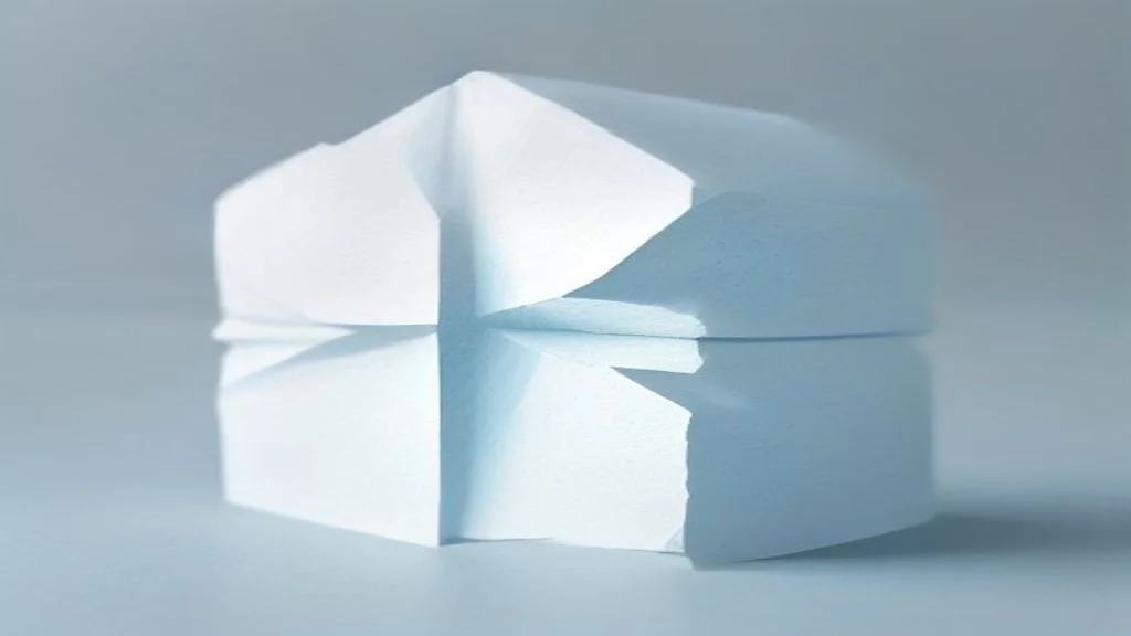 Ein abstrakt gefalteter und aufgerissener weißer Papierblock mit scharfen Einschnitten und körnigen Flächen symbolisiert die Alterung von Content für KI-Suchsysteme.