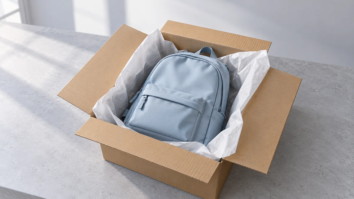 Ein hellblauer Rucksack liegt mit weißem Seidenpapier in einem geöffneten braunen Versandkarton und veranschaulicht den E-Commerce-Bezug der Conversion-Optimierung für KI-Traffic.