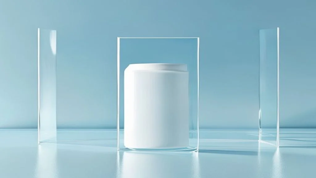 Ein weißes zylindrisches Produkt steht zwischen transparenten Glasscheiben, deren klare Sichtlinie die strukturierte Optimierung von E-Commerce-Produktseiten für KI-Zitierungen symbolisiert.
