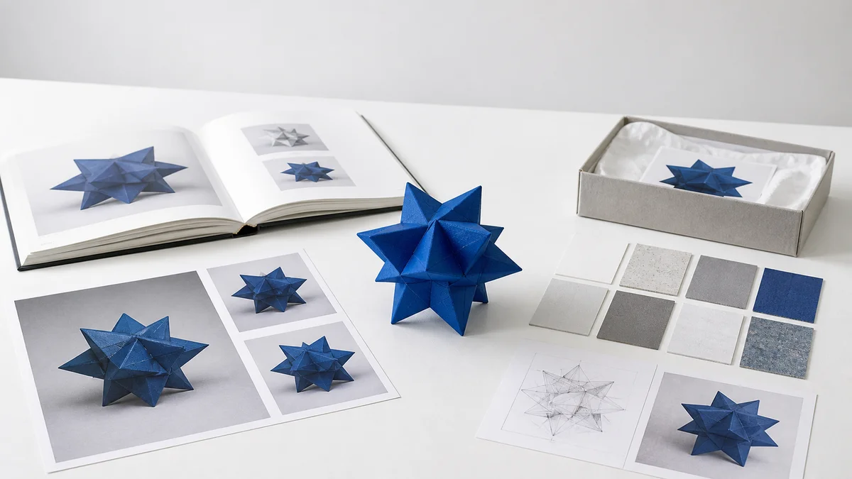 Zentrales blaues Modellobjekt auf Arbeitstisch umgeben von Referenzbuch, Fotos, Zeichnungen und Materialproben – visualisiert die Entity-Konsistenz über mehrere Quellen im Knowledge Graph