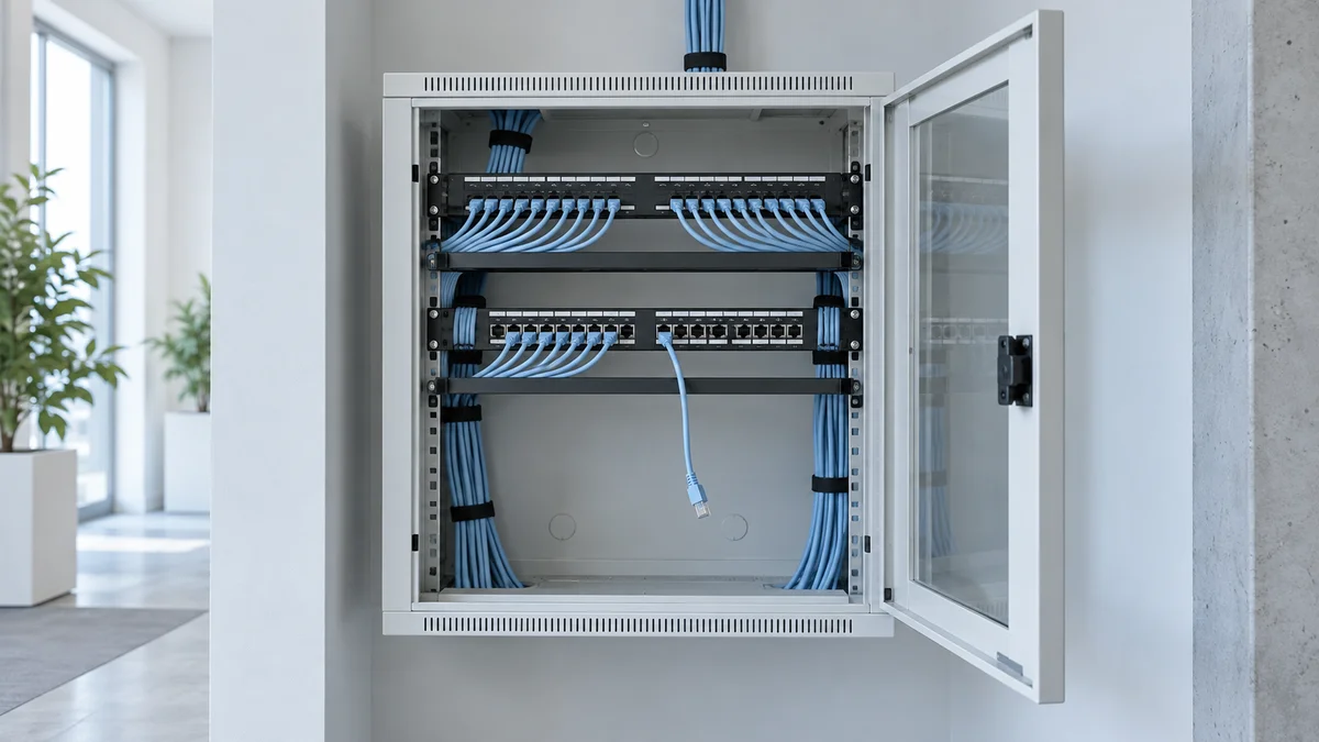 Ein geöffneter hellgrauer Netzwerkverteiler mit hellblauen Kabeln und einem frei herabhängenden Netzwerkstecker symbolisiert den Einfluss von Fehlerseiten auf die Erreichbarkeit für KI-Crawler und die GEO-Sichtbarkeit.