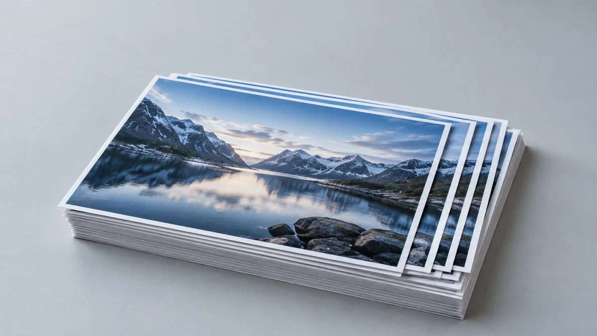Ein dicker Stapel weiß umrandeter, leicht versetzter Fotografien derselben Berglandschaft mit See liegt auf einer hellgrauen Tischfläche und symbolisiert die Wiederholung identischer Inhalte als mögliche GEO-Manipulation.