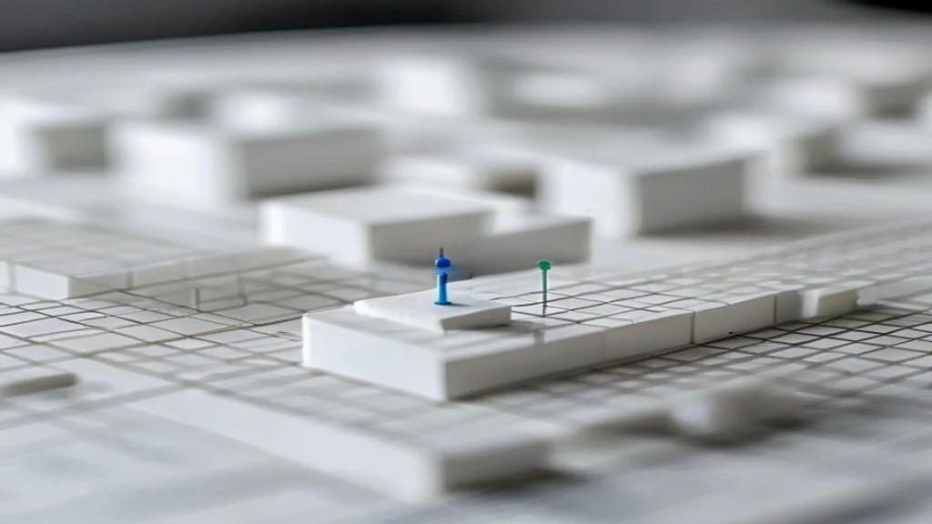 Architektur-Miniatur-Modell mit einzelner blauer Standort-Markierung auf Koordinaten-Raster symbolisiert präzises Geo-Tagging für lokale Sichtbarkeit.