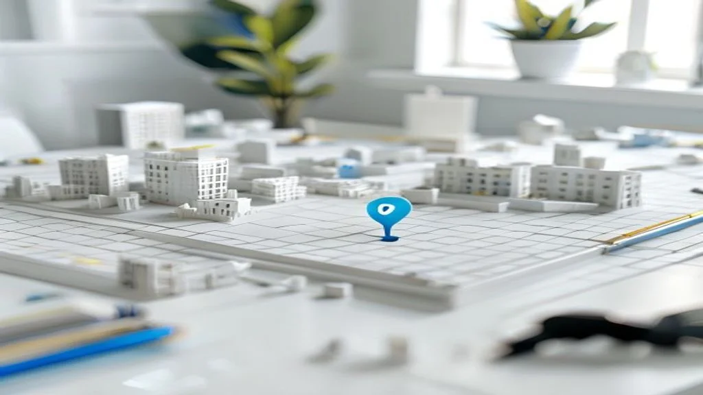 Ein kühlblauer Standortmarker steht zentral in einem weißen Stadtmodell und symbolisiert Geo-Targeting für regionale Sichtbarkeit in der KI-Suche.