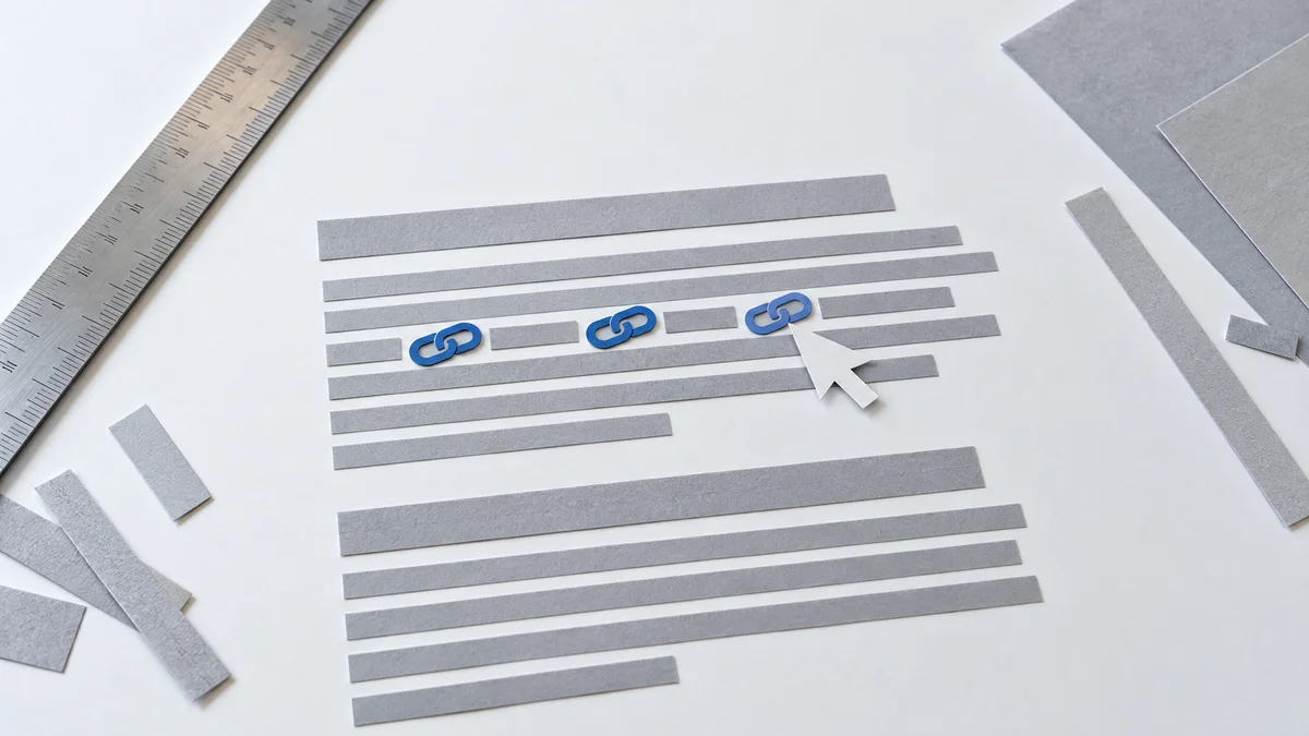 Graue Papierstreifen mit drei blauen Kettensymbolen und einem weißen Papiermauszeiger veranschaulichen auf einer hellen Tischfläche Inline-Links in Googles KI-Antworten.