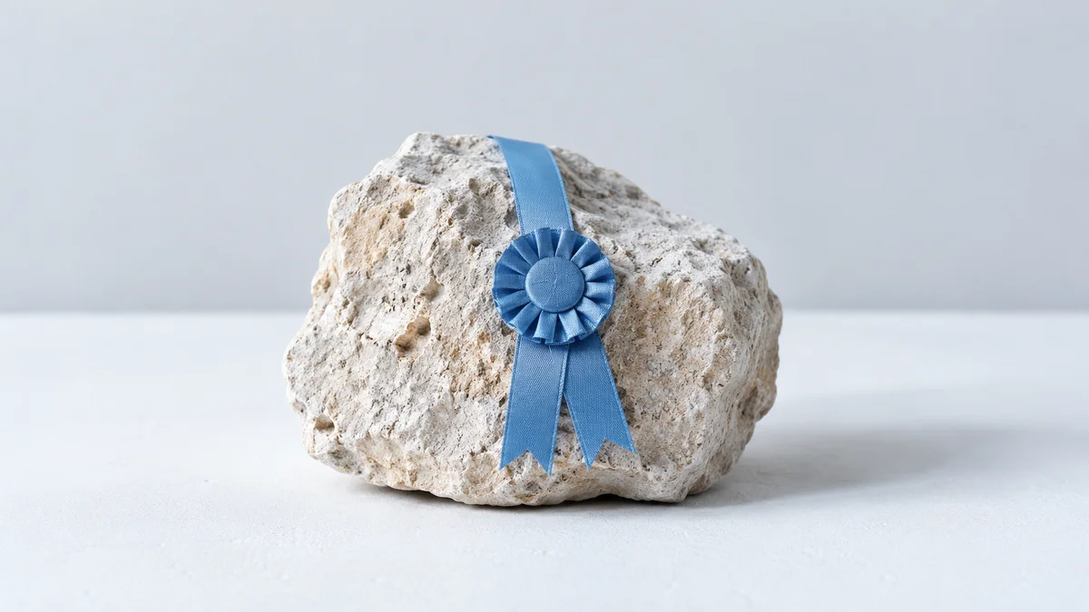Ein heller, poröser Naturstein mit blauer Auszeichnungsrosette steht auf einer hellgrauen Fläche und symbolisiert die Frage nach der Aussagekraft eines Google Search-Profil-Badges.