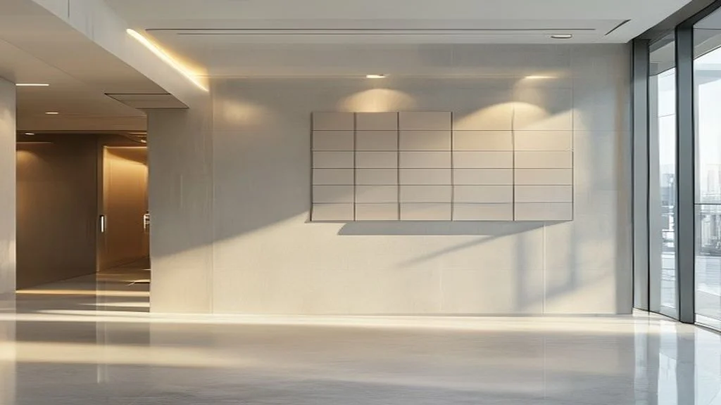 Minimalistische Bürolobby mit einer strukturierten Wandtafel aus gerasterten Plaketten visualisiert die Navigationsstruktur eines optimierten Inhaltsverzeichnis-Schemas.