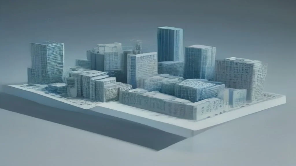 Ein hellblau-graues Stadtmodell mit unterschiedlich hohen Gebäuden veranschaulicht die regionale Sichtbarkeit für KI-Crawler im Kontext der IP-Geolocation.