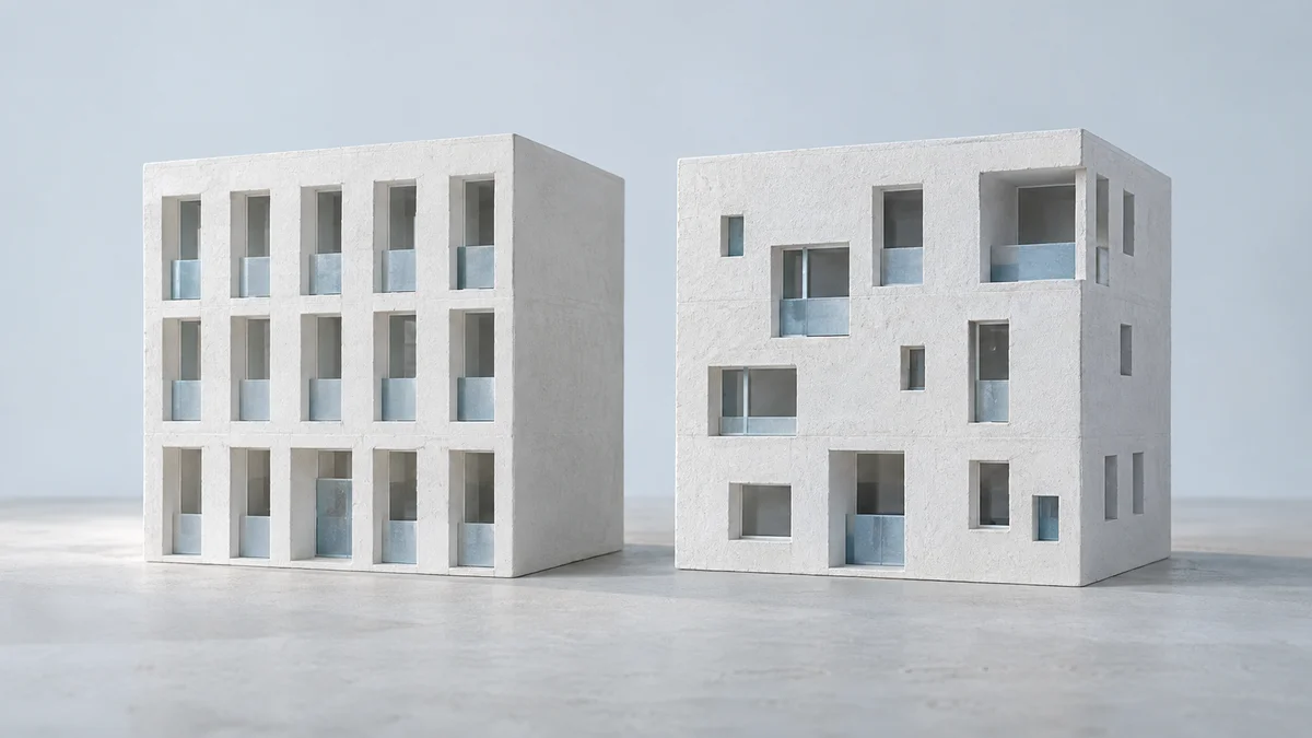 Zwei weiße Fassadenmodelle mit regelmäßigen beziehungsweise unregelmäßigen Fensteröffnungen veranschaulichen den Strukturvergleich bei einer Konkurrenzanalyse zur KI-Sichtbarkeit.
