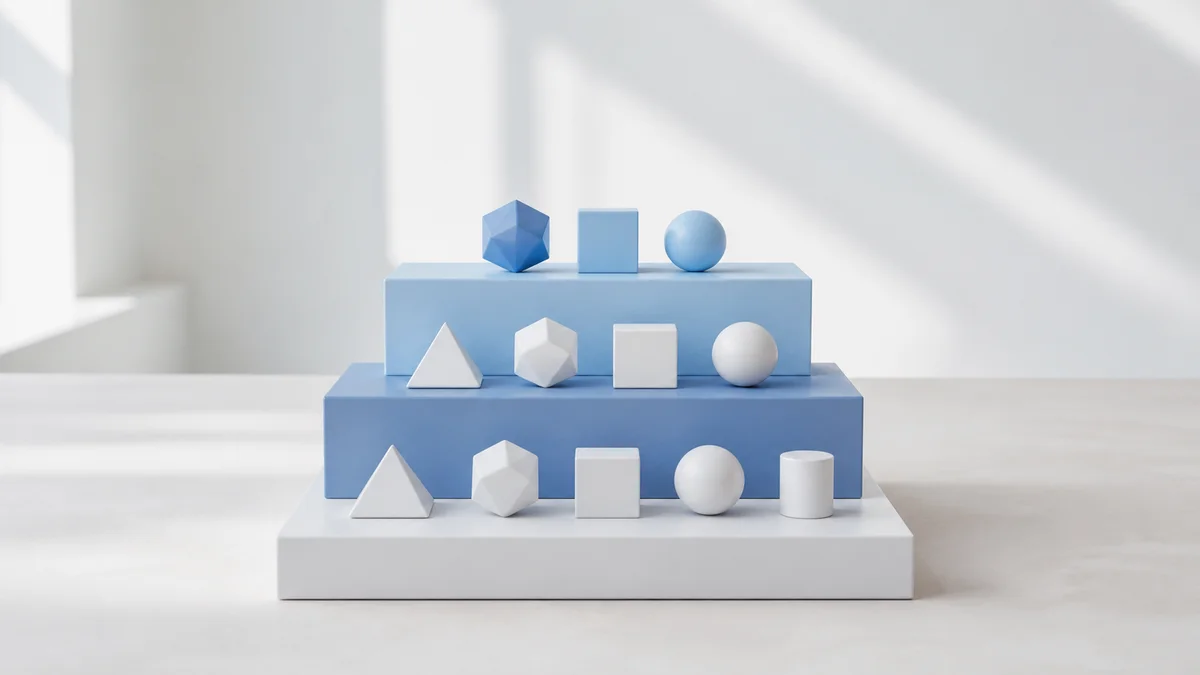 Drei gestaffelte Präsentationsebenen in Weiß und Kühlblau mit unterschiedlich vielen geometrischen Formkörpern veranschaulichen die Optimierung von SaaS-Tarifen und Features für KI-Sichtbarkeit.