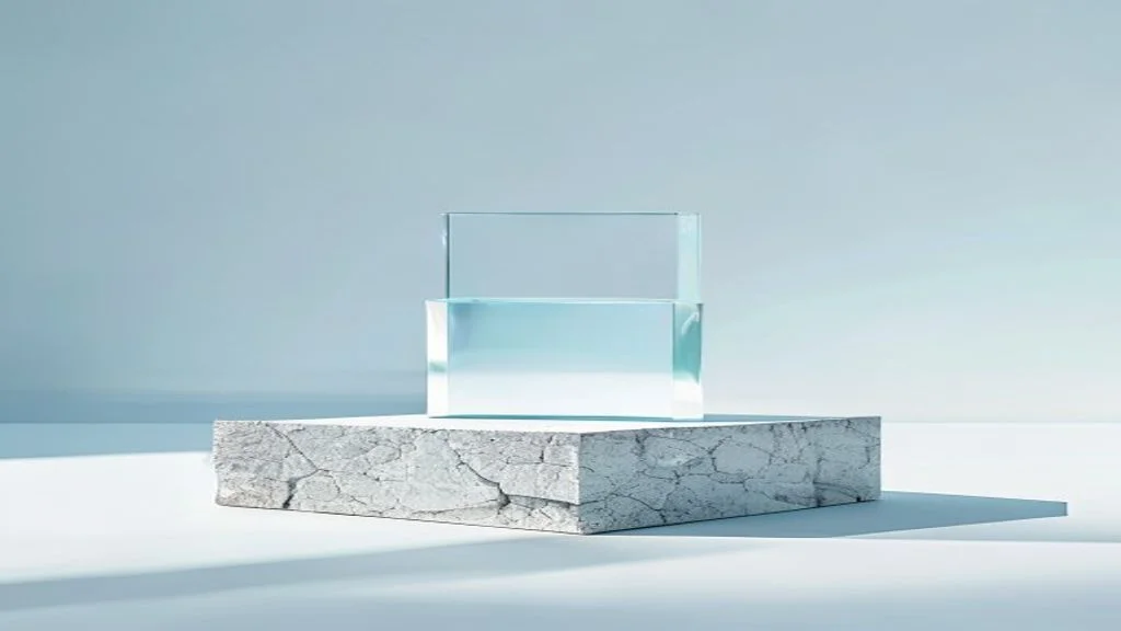 Zwei transparente Kristallkörper stehen übereinander auf einem hellen, rissig strukturierten Steinquader und symbolisieren belastbare Vertrauenssignale für KI-Zitierungen.
