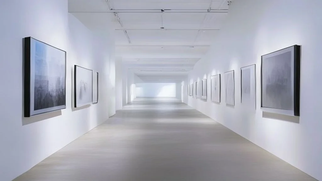Galerie-Flur mit scharf beleuchteten vorderen Fotoabzügen und verschwimmenden hinteren Bildern im Dunkel, Metapher für Lazy Loading und KI-Crawler-Sichtbarkeit