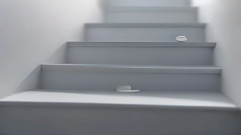 Weiße Tabletten liegen auf einer minimalistischen Treppe, die sinnbildlich für aufeinander aufbauende Vertrauenssignale medizinischer Inhalte in KI-Suchen steht.