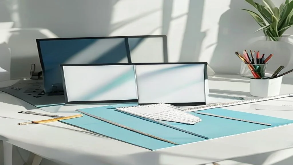 Ein heller Arbeitsplatz mit Papierprototypen in verschiedenen Formaten, kühlblauen Schneidematten und Zeichenwerkzeugen veranschaulicht die Viewport-Optimierung für mobile KI-Crawler.