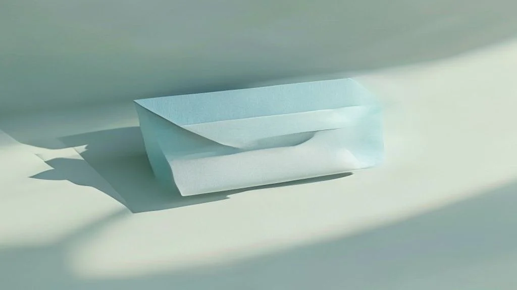 Ein weißer Briefumschlag liegt im schmalen Tageslicht auf einer hellen Fläche und symbolisiert Newsletter-Inhalte, die für die generative Suche auffindbar werden sollen.