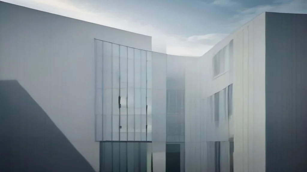 Weiße Gebäudefassaden mit unterschiedlich beleuchteten Fensterflächen und geometrischen Schatten veranschaulichen die seitenweise Messung der KI-Sichtbarkeit.