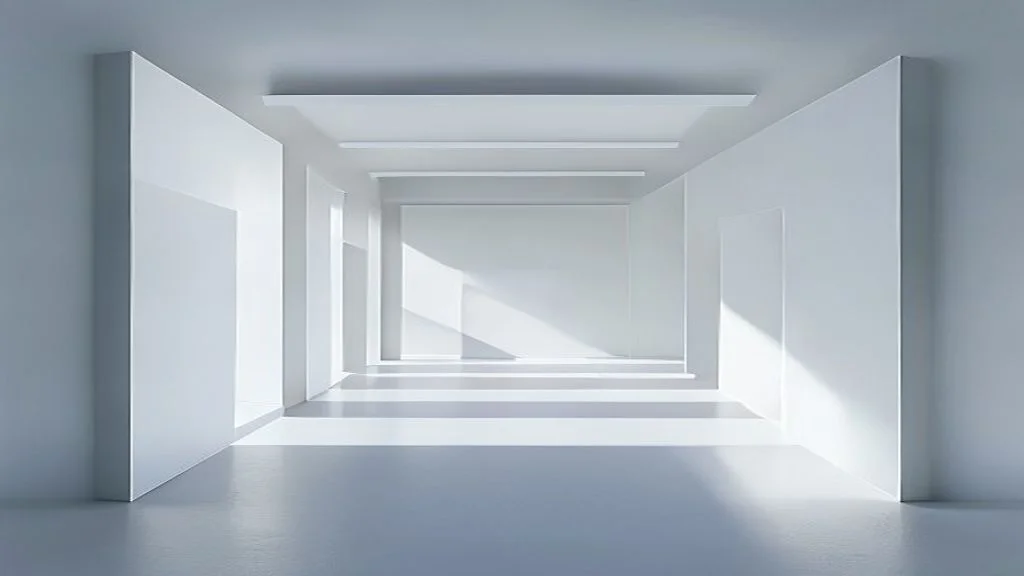 Hintereinander angeordnete weiße Rahmen bündeln einen geraden Lichtweg und symbolisieren klar strukturiertes Prompt Engineering für zitierfähige SEO-Inhalte.