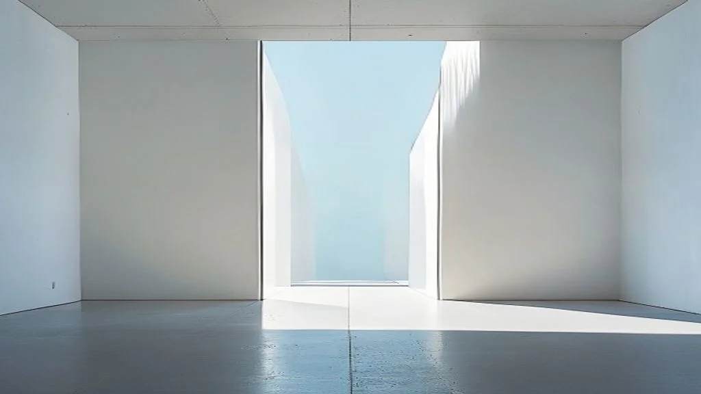 Eine rechteckige Öffnung in einem minimalistischen weißen Innenraum lenkt kühles Tageslicht in klaren Flächen auf den Boden und symbolisiert Datums-Signale für aktuelle Inhalte in der KI-Suche.