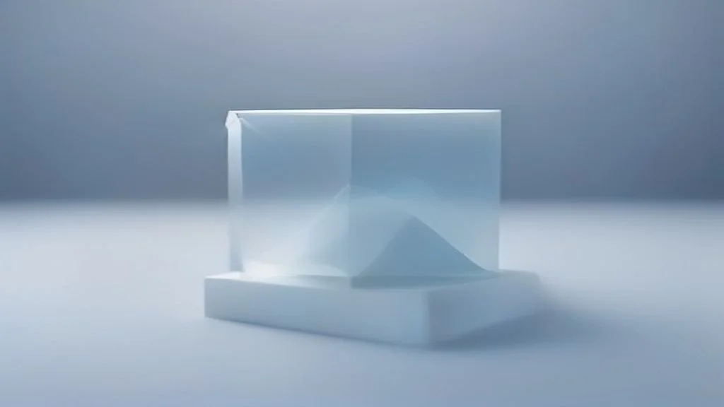 Ein transparenter Glaskörper mit blassblauer Pyramidenform auf hellem Sockel symbolisiert das Query-Verständnis von KI-Modellen bei der Auswahl relevanter Inhalte.