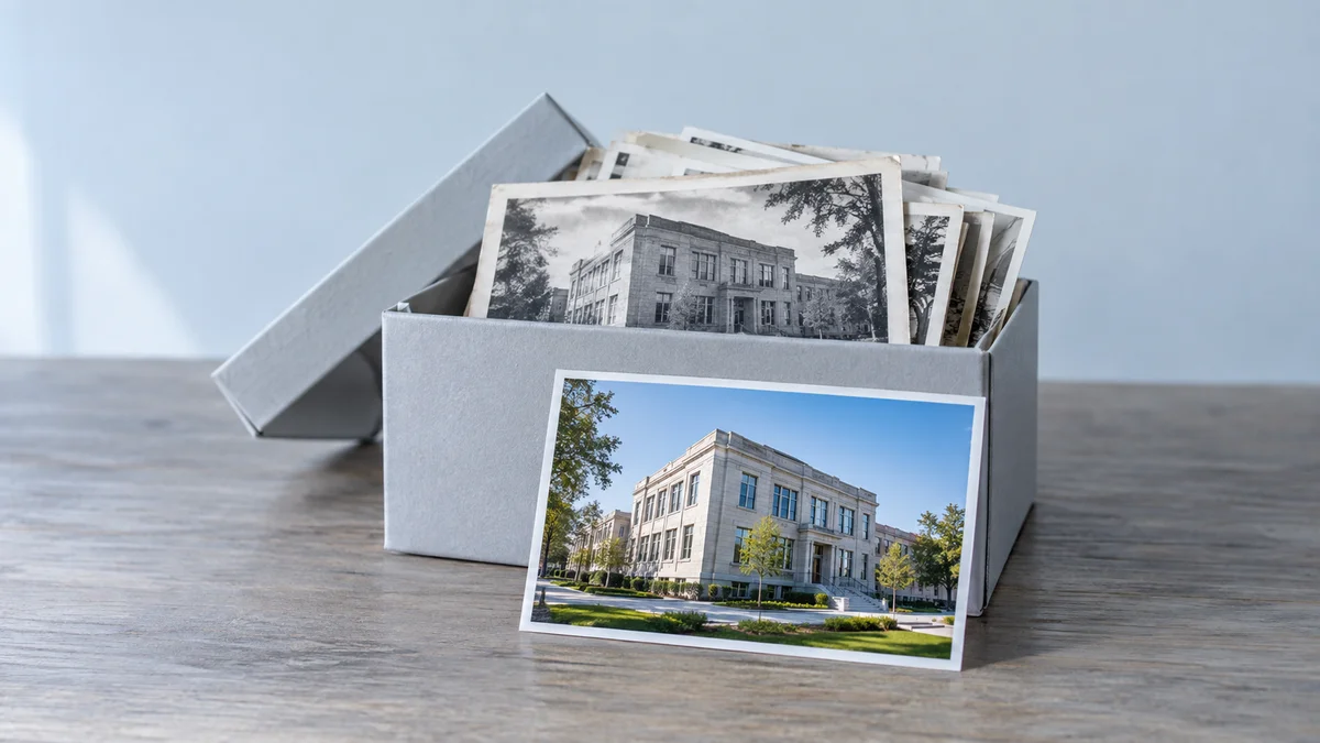 Eine offene hellgraue Archivbox mit älteren Schwarz-Weiß-Gebäudefotos und einer davor lehnenden Farbaufnahme eines ähnlichen Gebäudes veranschaulicht das Verhältnis von älteren und neuen Inhalten beim Recency Bias in der KI-Suche.