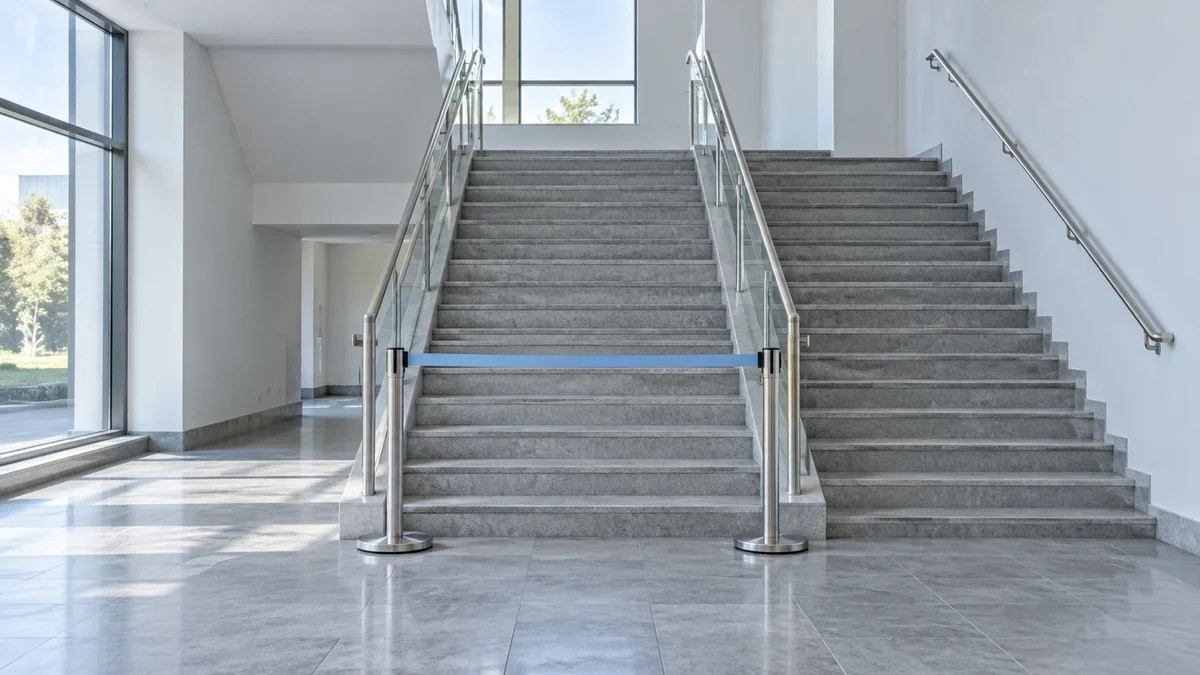Ein hellblauer Absperrgurt blockiert den mittleren Aufgang eines hellen Treppenhauses, während die rechte Treppe frei bleibt – als Sinnbild für das Redirect-Handling bei KI-Crawlern.