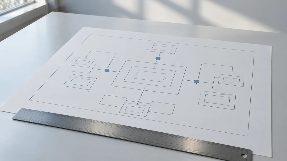 Ein unbeschrifteter Strukturplan mit verschachtelten Rechtecken, Verbindungslinien und drei blauen Punkten liegt mit einem Metalllineal auf einem hellen Tisch als Sinnbild für die Schema.org-Prüfung bei Next.js.