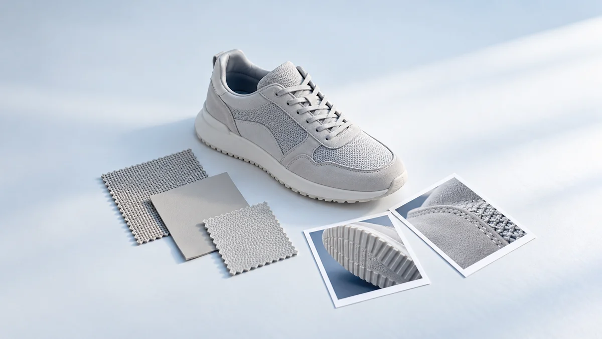 Ein hellgrauer Sneaker steht neben drei Materialproben und zwei Detailfotos von Sohle und Nähten als Motiv für Produktdokumentation im Kontext von Schema.org und dem Digital Product Passport.