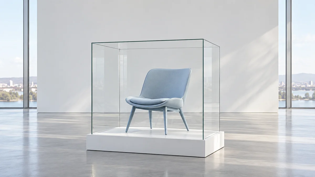Ein hellblauer Polsterstuhl in einer geschlossenen Glasvitrine auf weißem Sockel symbolisiert Sichtbarkeit ohne Nutzbarkeit und veranschaulicht damit die Grenzen der KI-Reports in der Search Console.