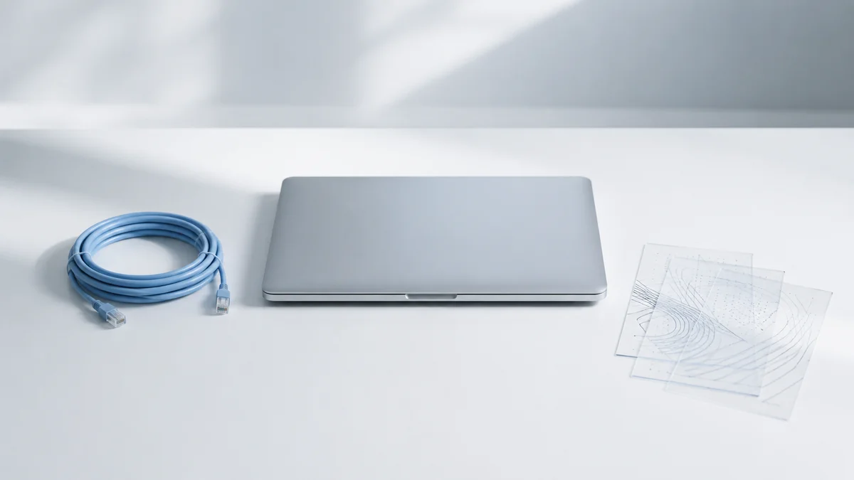 Ein geschlossener silberner Laptop, ein aufgewickeltes blaues Netzwerkkabel und transparente Prüfschablonen auf hellem Prüfplatz veranschaulichen die Kontrolle von Security Headers als Vertrauenssignal für Suchmaschinen und KI-Crawler.