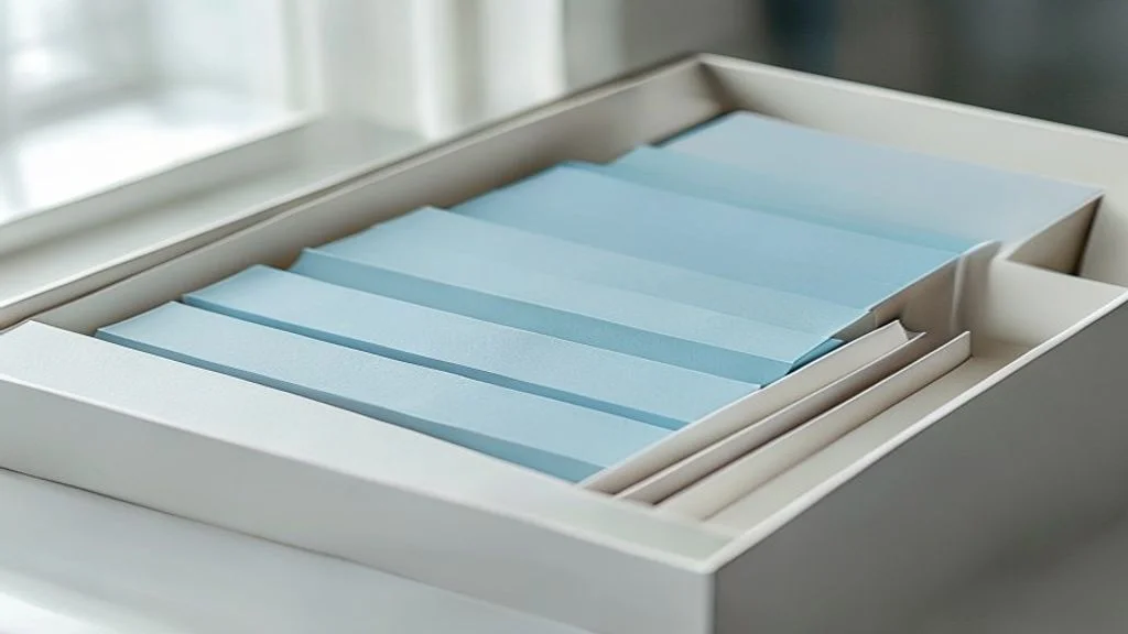 Gestaffelte hellblaue Registerkarten und weiße Trennelemente in einer minimalistischen Ablagebox veranschaulichen eine klare URL-Hierarchie und Kategoriestruktur für KI-Crawler.