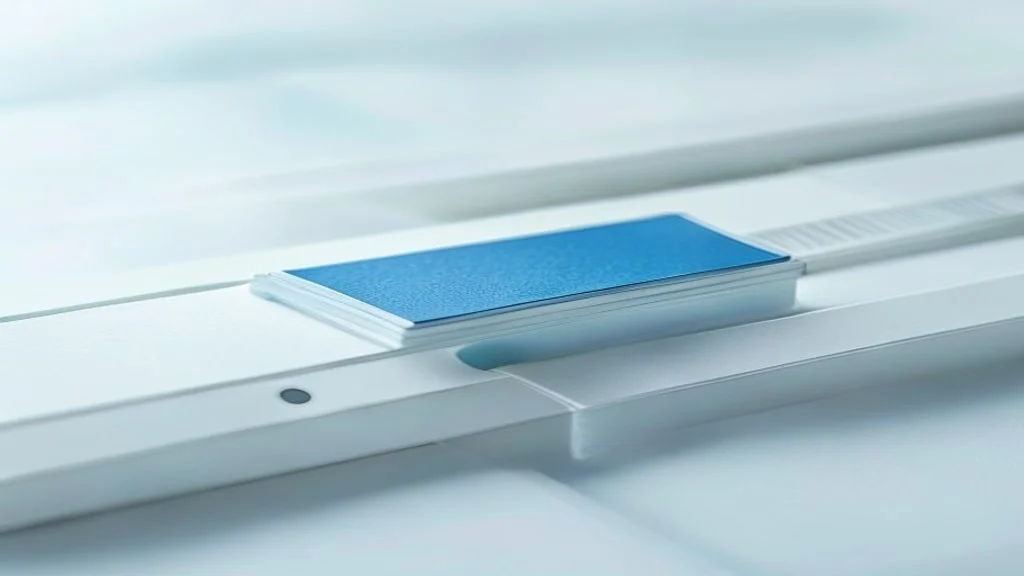 Eine minimalistische weiße Führungsschiene mit feinen Markierungen und kühlblauem Schieber veranschaulicht Kapitel und Zeitmarken für Video-SEO in der generativen Suche.