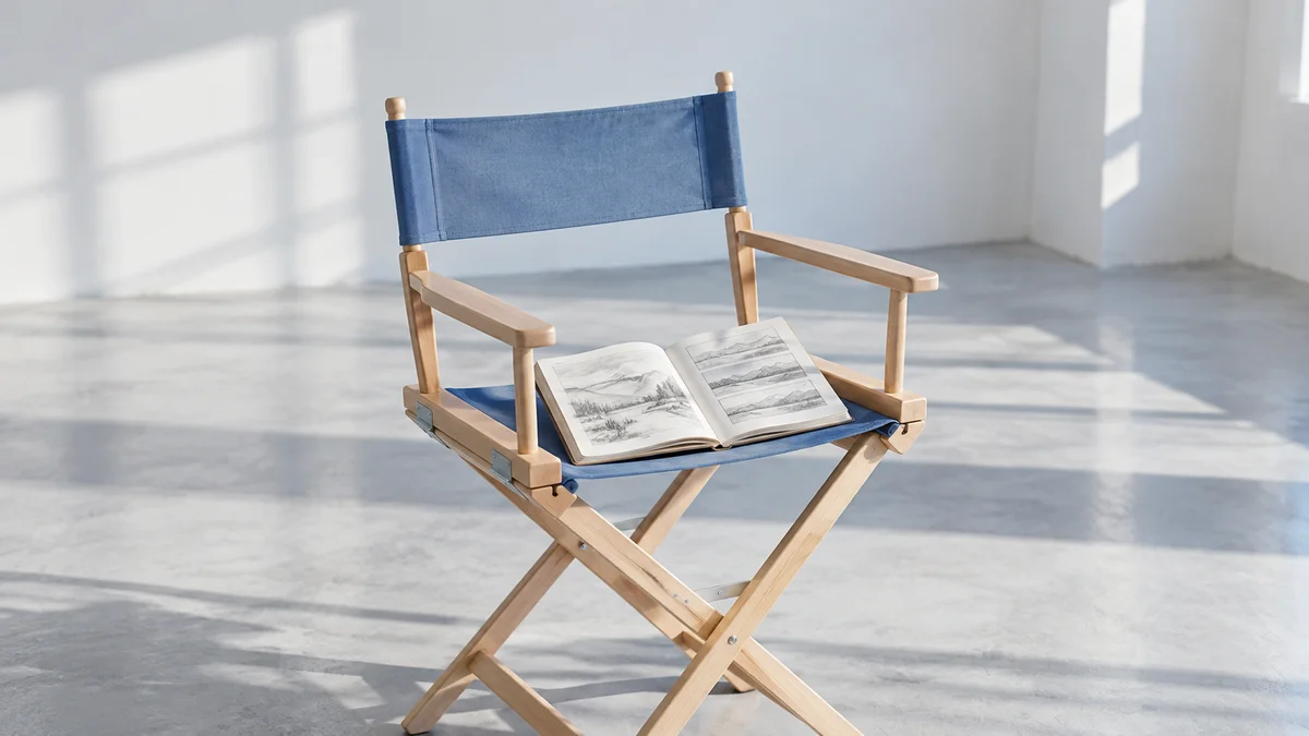 Ein heller Holzregiestuhl mit blauem Stoff und aufgeschlagenem Storyboard steht im leeren Studio mit Fensterschatten und symbolisiert die Verbindung von Videos mit Creator-Profilen über VideoObject-Markup.