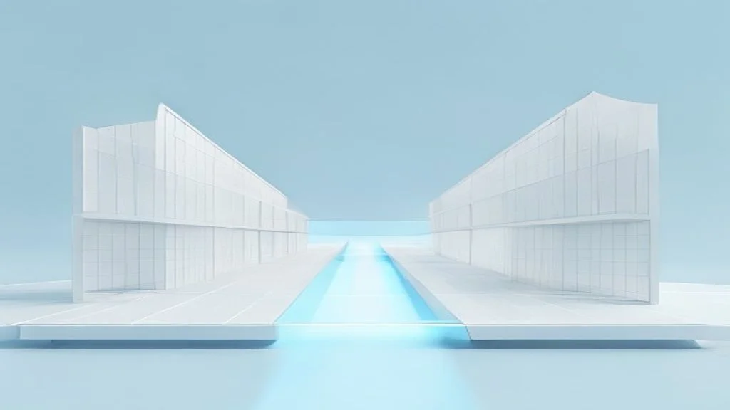 Ein weißes Architekturmodell mit zwei gegenüberliegenden Strukturen und einem geraden hellblauen Übergang symbolisiert eine lückenlose Website-Migration für erhaltene KI-Sichtbarkeit.